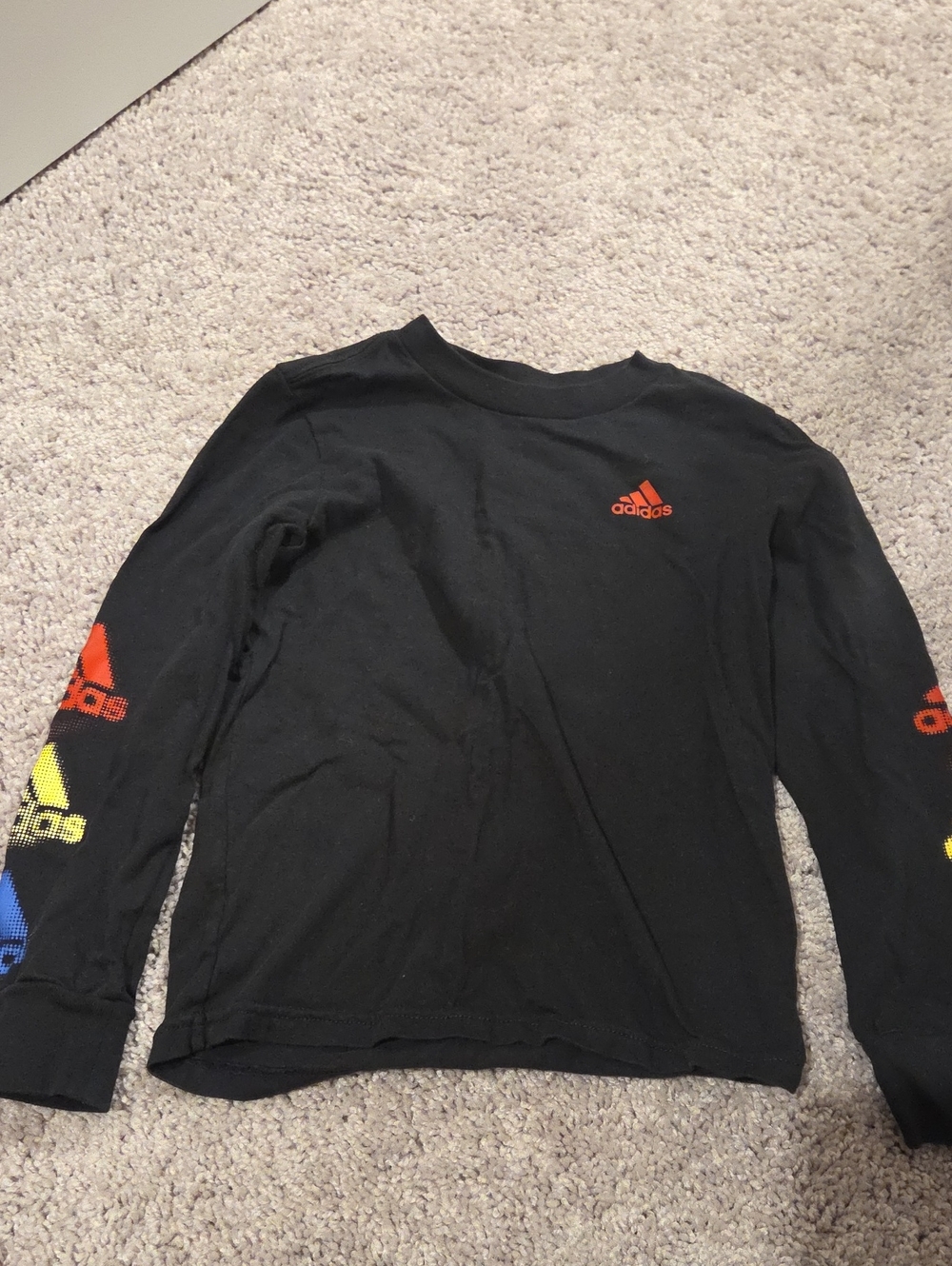 adidas Black Long-Sleeve Tee with Multicolor Logo Sleeves